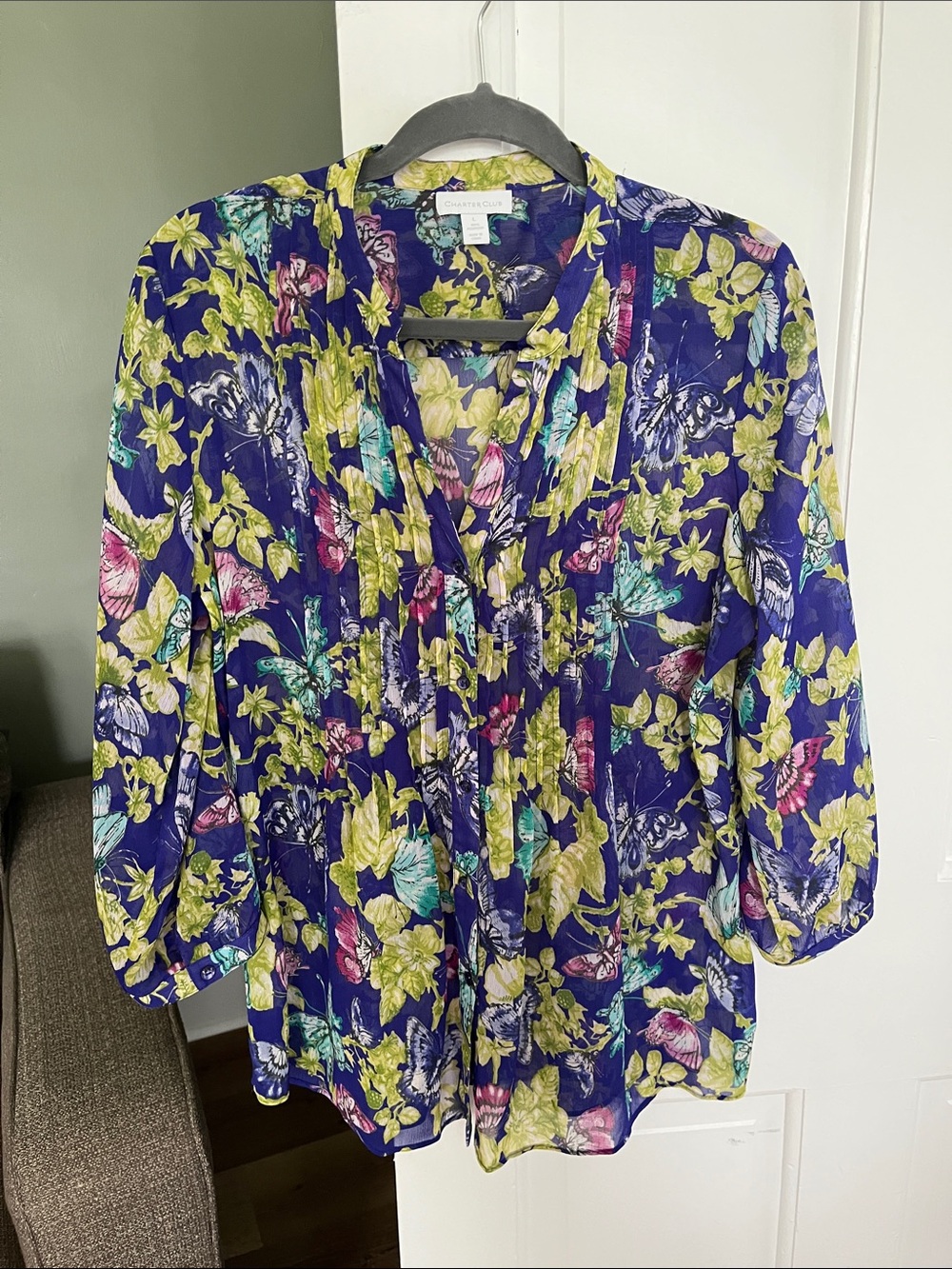 Charter Club size Large Sheer Floral Butterflies Blouse Purple Multicolor